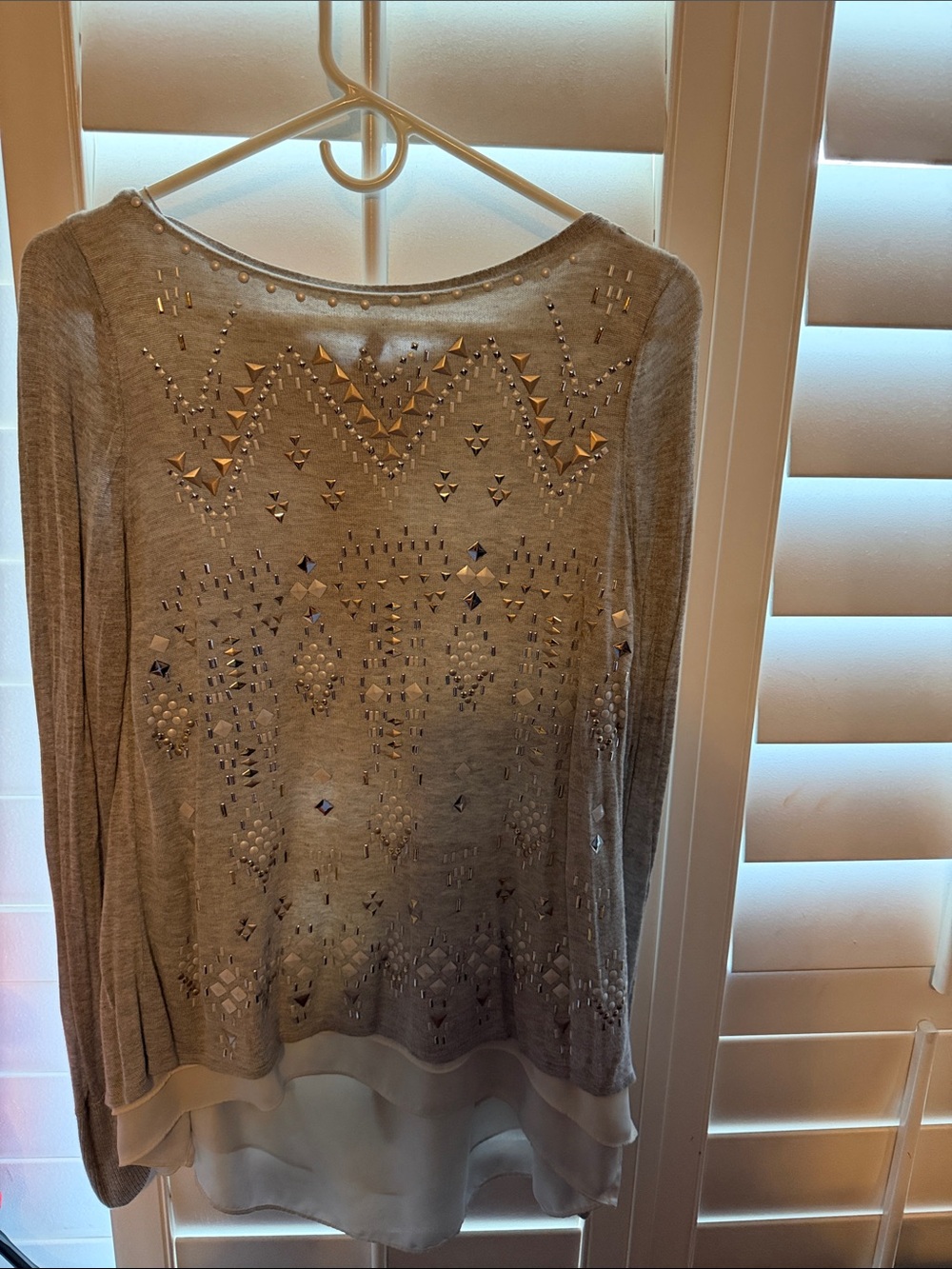 Studded Layered Hem Long Sleeve Top - Gray